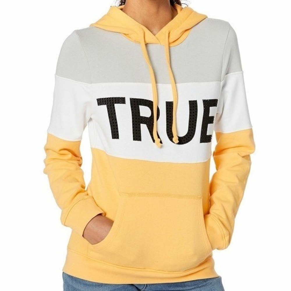 True Religion Hoodie Sweatshirt Top Yellow Color Block Size Small Y2K Vintage